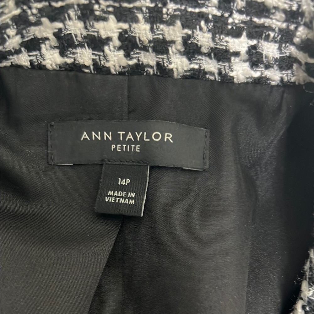Ann Taylor Petite 14P Black White Houndstooth Fringe Trim One Button Blazer - Picture 3 of 14